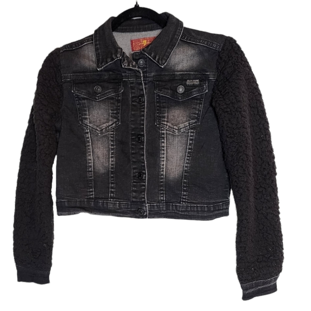 7 for all mankind black grey denim sherpaโ jacket kids size large